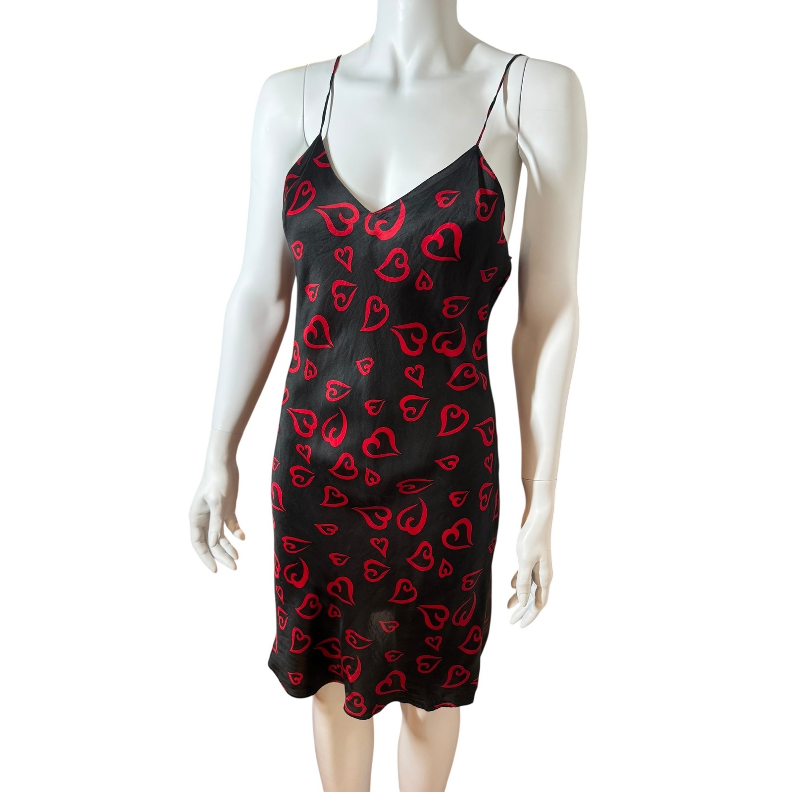 Vintage Romantico 100% Silk Slip Dress Red Hearts Black Mini Lingerie Medium